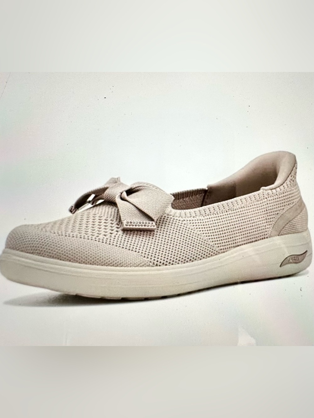Skechers Women's Knit Slip-On Flat with Bow - Light Beige